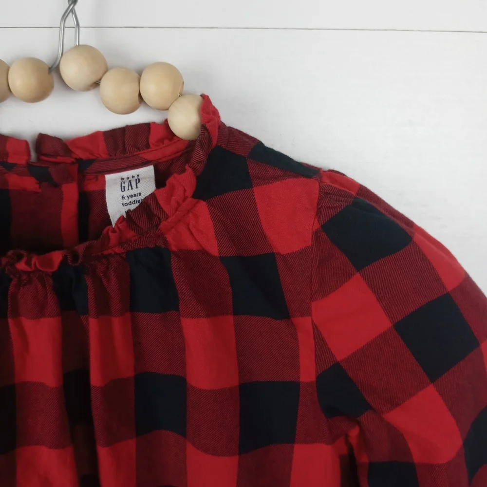Baby Gap girls size 5T buffalo check smock sleeve ruffle blouse red and black